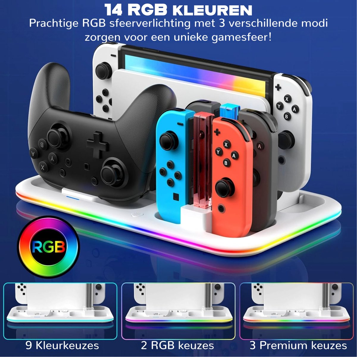 Een oplaadstation voor gameconsoles met controllers en levendige RGB-verlichting. Het heeft meerdere controllers in verschillende kleuren en een centraal dock.