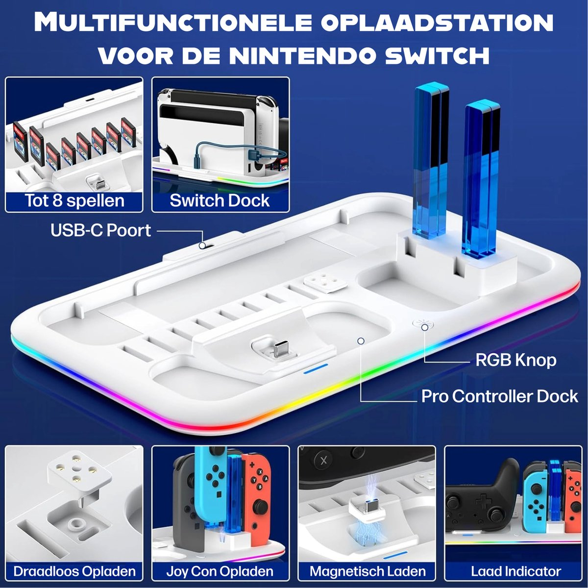 Een witte Nintendo Switch oplaadstation met meerdere functies, waaronder game-opslag, een switch dock en controller oplaadstations.