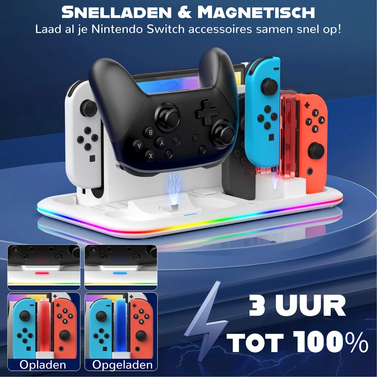 Een oplaadstation voor Nintendo Switch-accessoires. Het heeft een zwarte controller, joy-cons en een oplaadindicator. Tekst: '3 uur tot 100%'