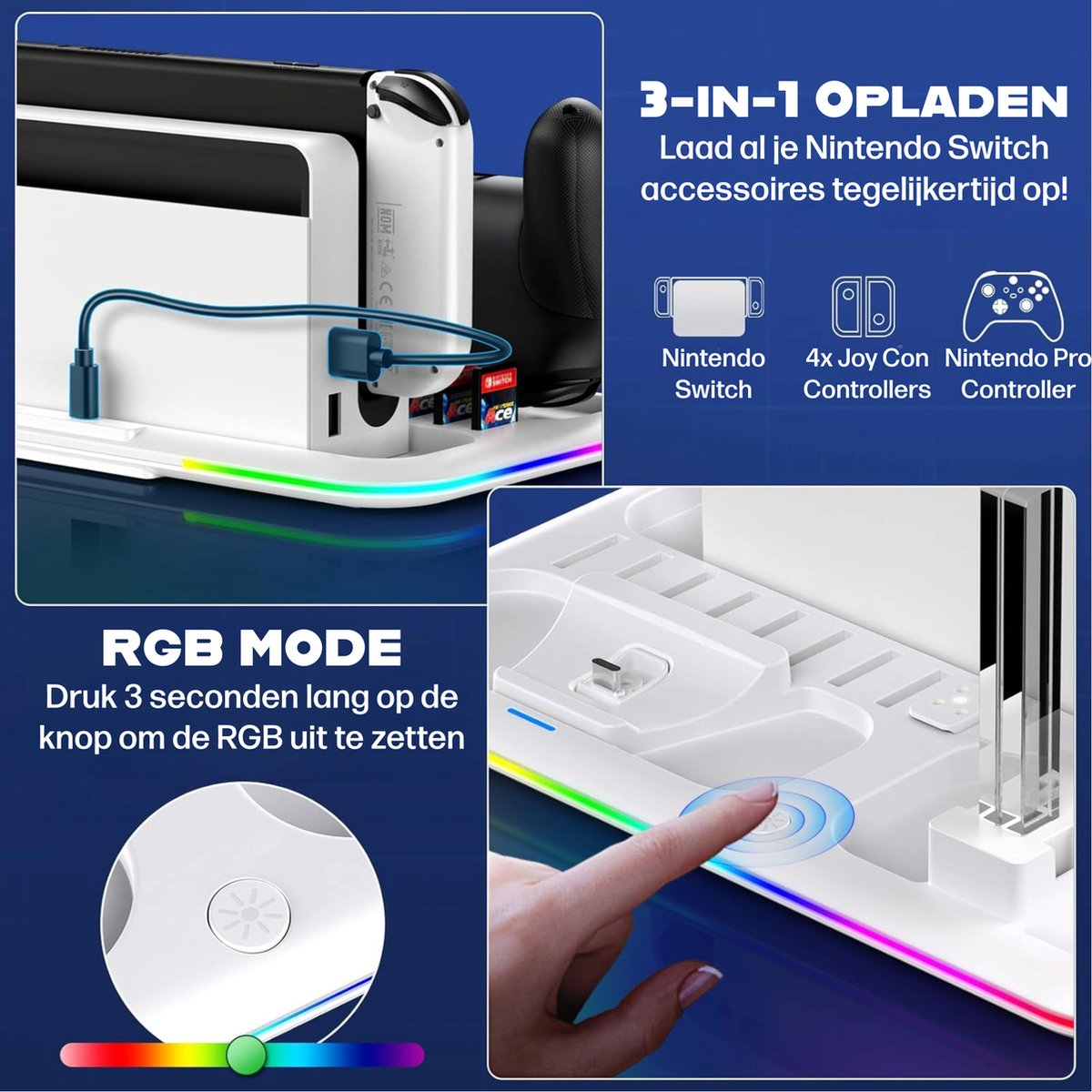Witte oplaadstation met Nintendo Switch en accessoires. RGB-verlichting brandt. Een vinger drukt op een knop.