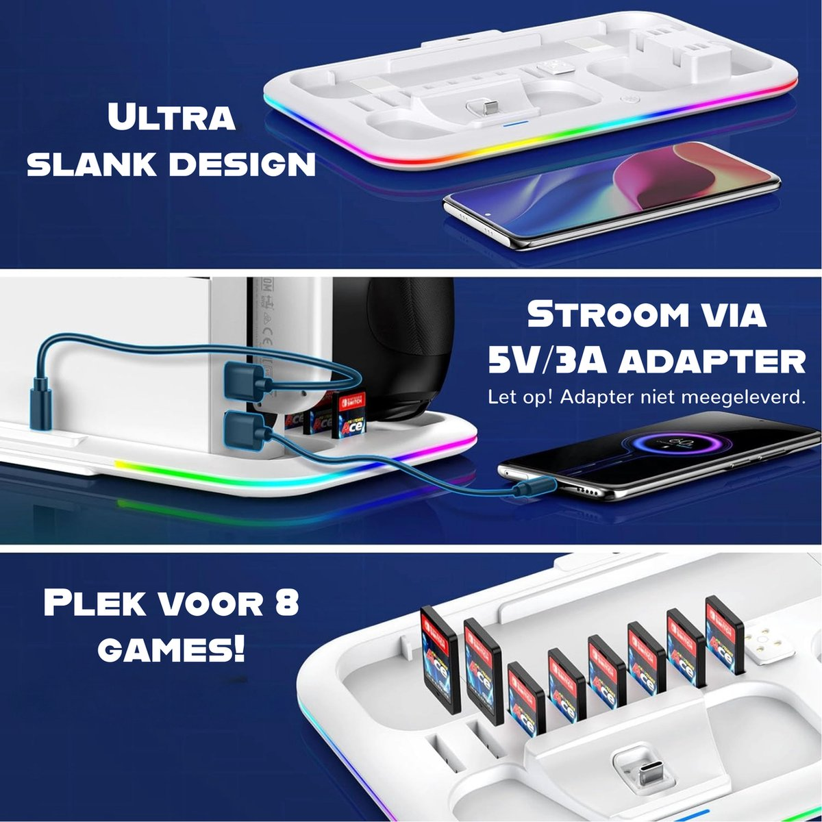 Een wit oplaadstation met een kleurrijke LED-rand. Het heeft een telefoon, game cartridges en tekst die de functies beschrijft.