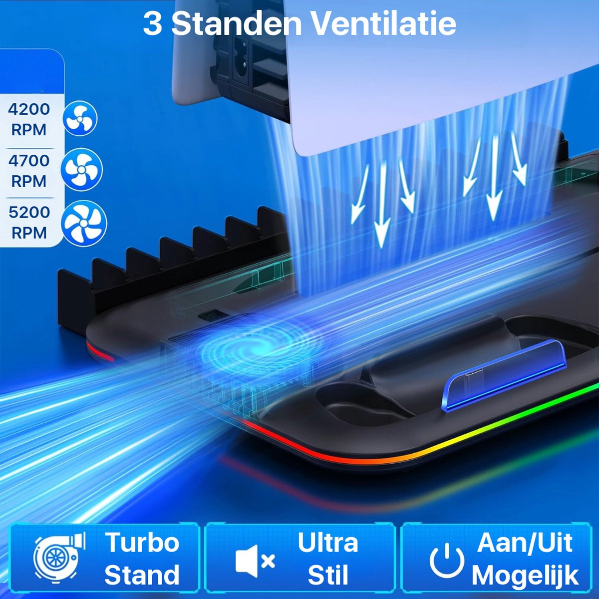 An electronic device with a fan is shown. It has three settings: 4200, 4700, and 5200 RPM. The device has a turbo stand.