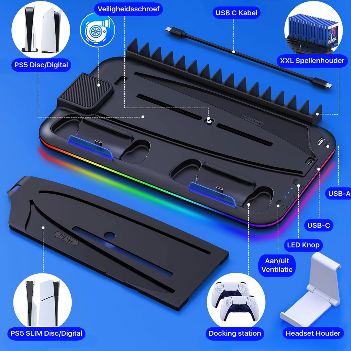 A black PS5 docking station with cooling fan, controller charging station, and a headset holder. Accessories and PS5 console.