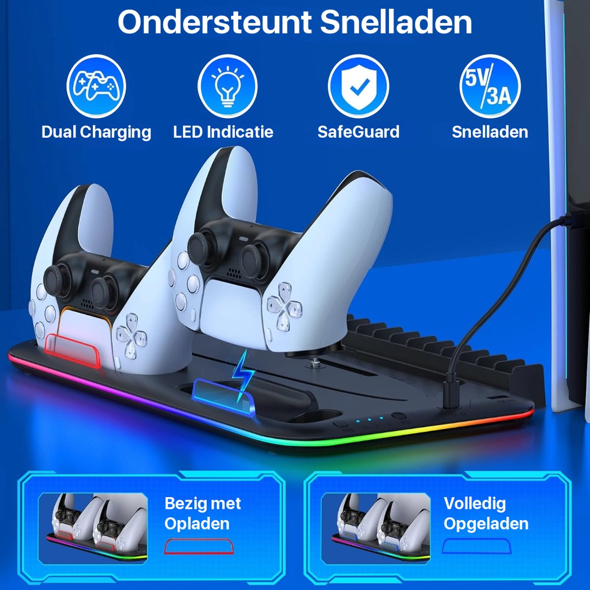 A white and black charging station with two controllers. It has a colorful LED base and supports dual charging.