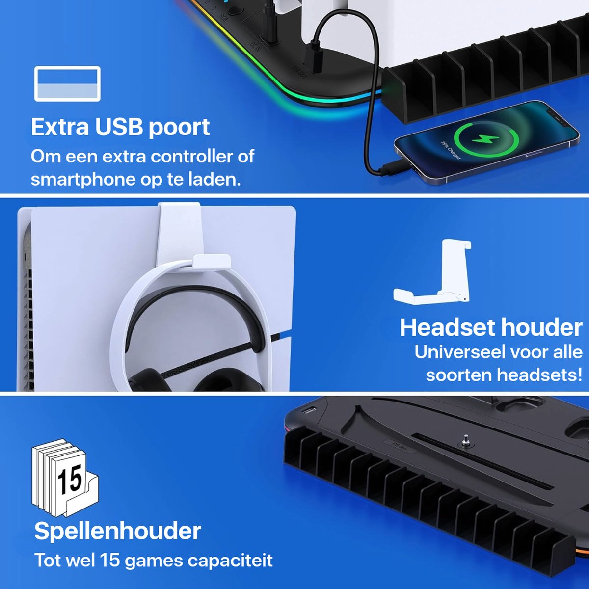 Image shows gaming accessories: a charging station, a headset holder, and a game holder. A phone is charging. Text includes 'Extra USB port'.