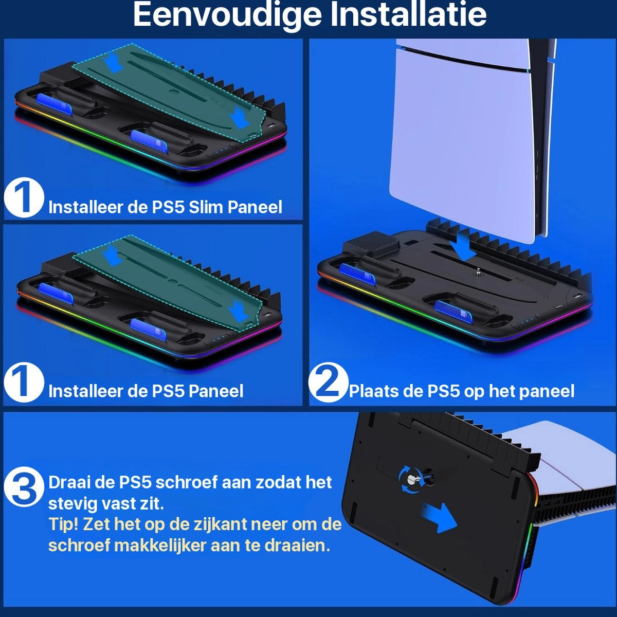 Installation guide for PS5. Steps include installing the panel, placing the PS5, and tightening the screw. Blue arrows indicate actions.