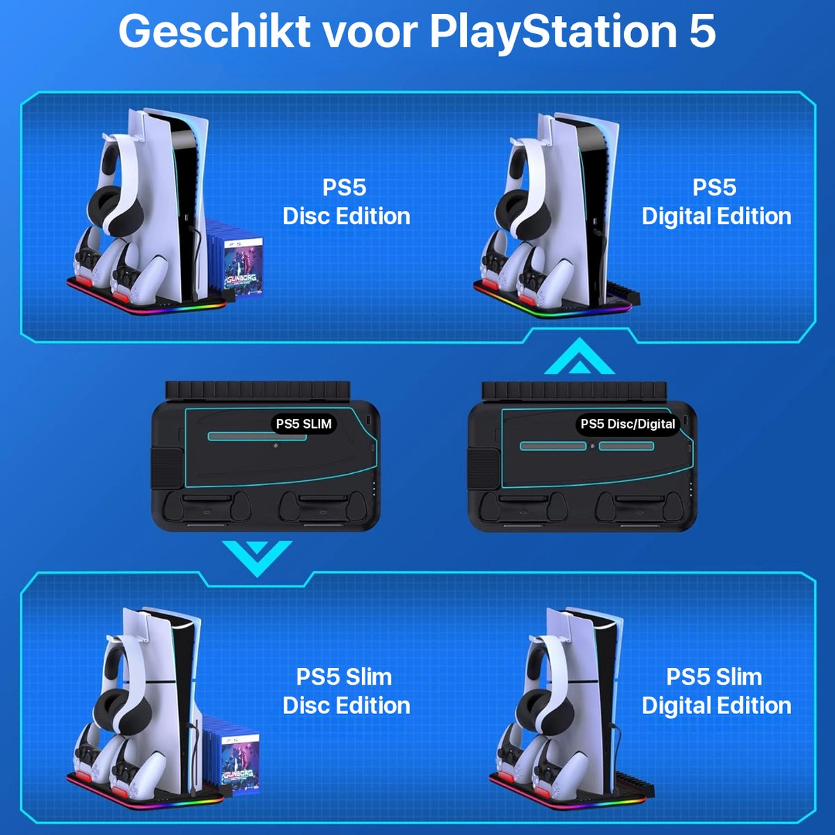 Image shows PlayStation 5 consoles and stands. Various editions are shown: Disc, Digital, and Slim versions. Text overlays describe each.