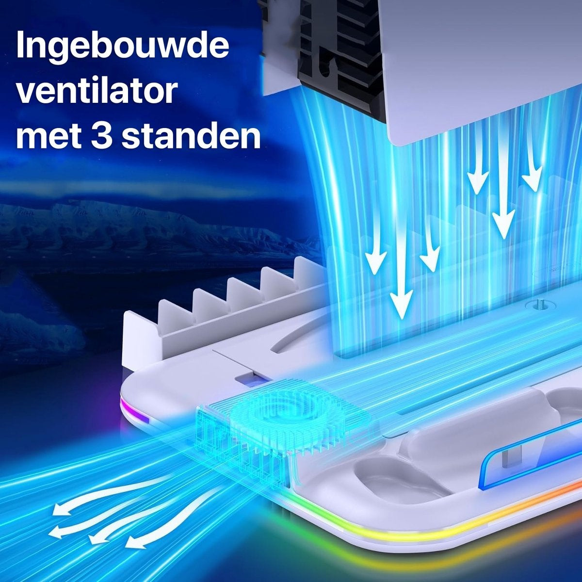 A white device with blue airflow animation. Text reads 'Ingebouwde ventilator met 3 standen'. Background shows a mountain range.