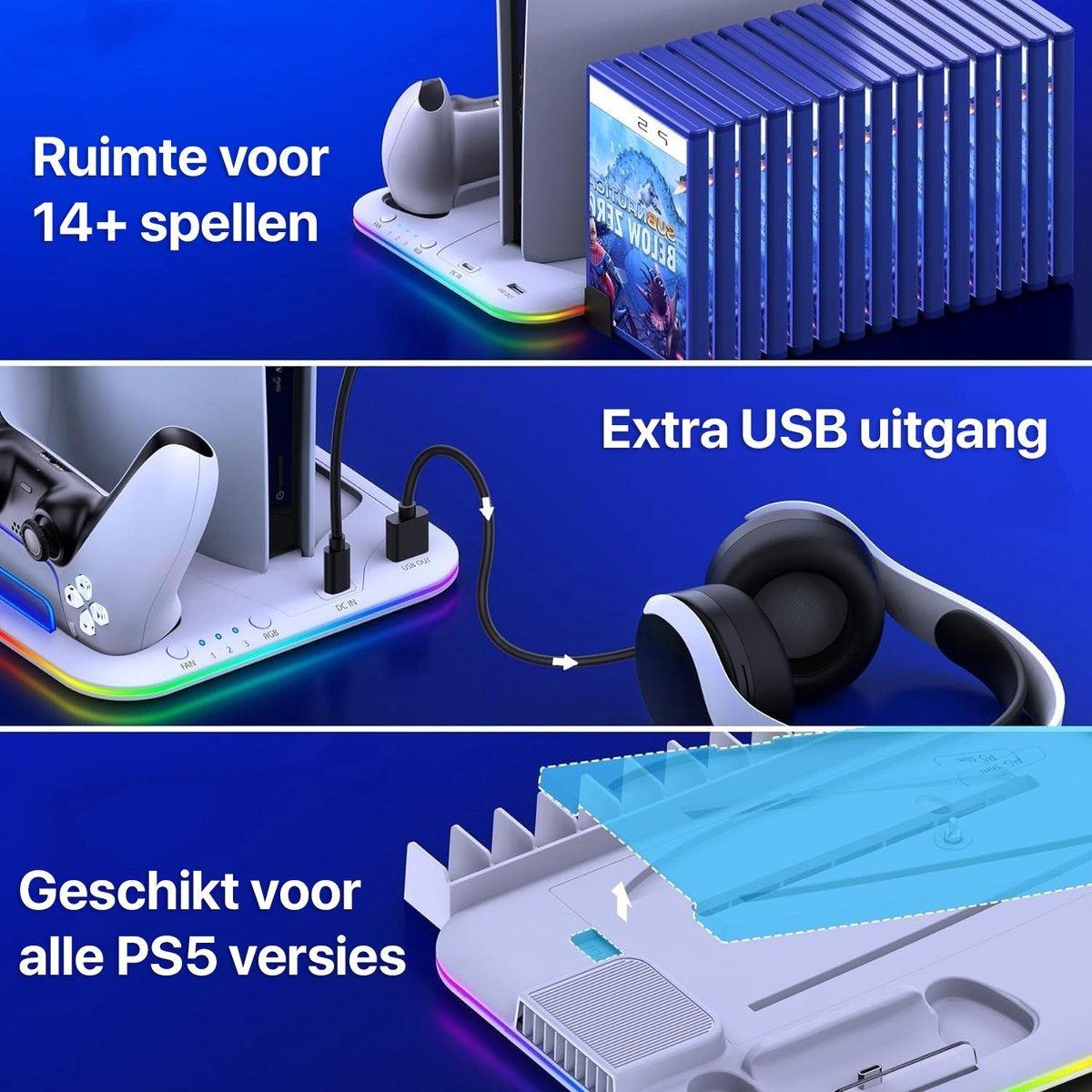 A gaming console stand with space for games, a controller, and a headset. Features USB ports and is compatible with all PS5 versions.