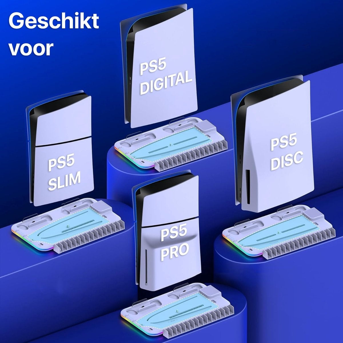 Image shows PS5 consoles: Digital, Slim, Disc, and Pro. Each is paired with a cooling pad, all on a blue surface.
