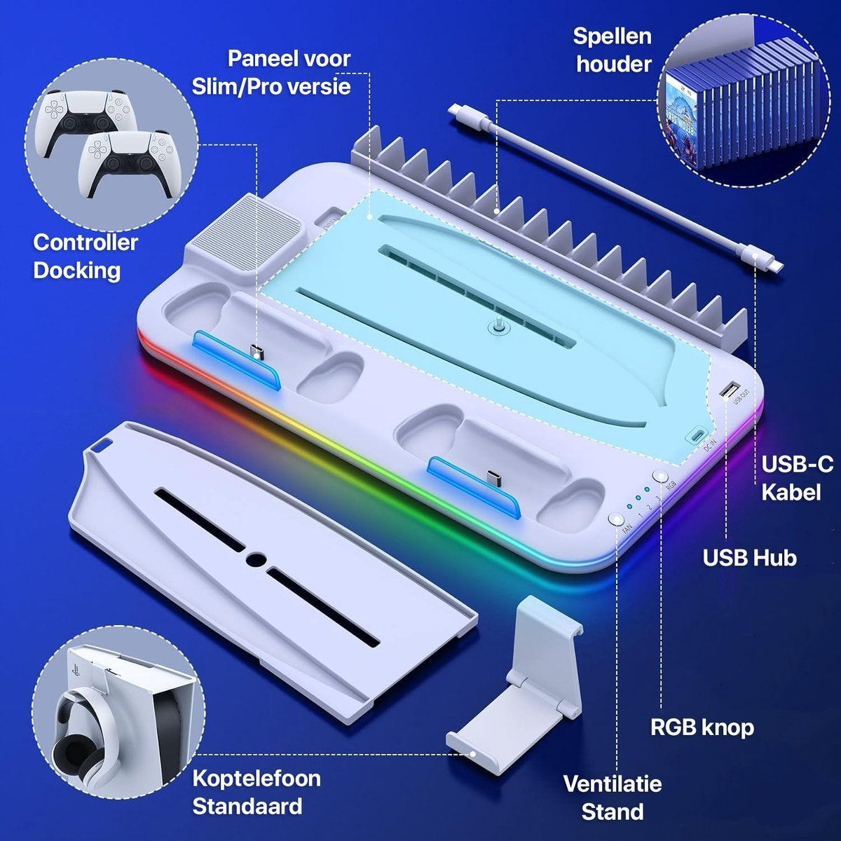 A white gaming console docking station with multiple ports, controller docks, and a game holder. Includes a headset stand and ventilation stand.