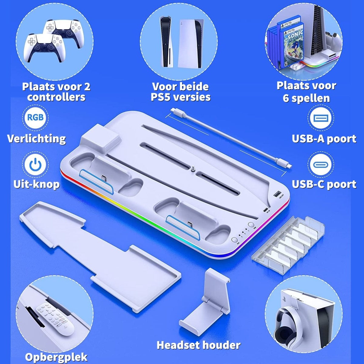 A white PS5 charging station with controller, console, and game storage, plus headset holder and USB ports, on a blue background.