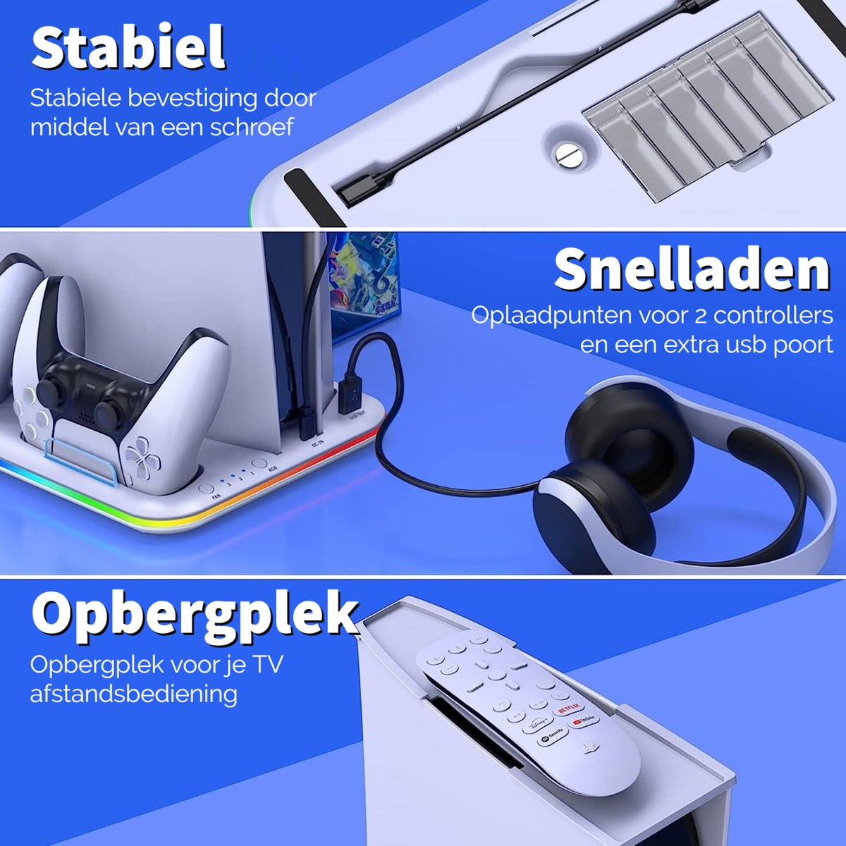 A white console charging station with a controller, headphones, and a remote. Text in Dutch describes features like fast charging and storage.