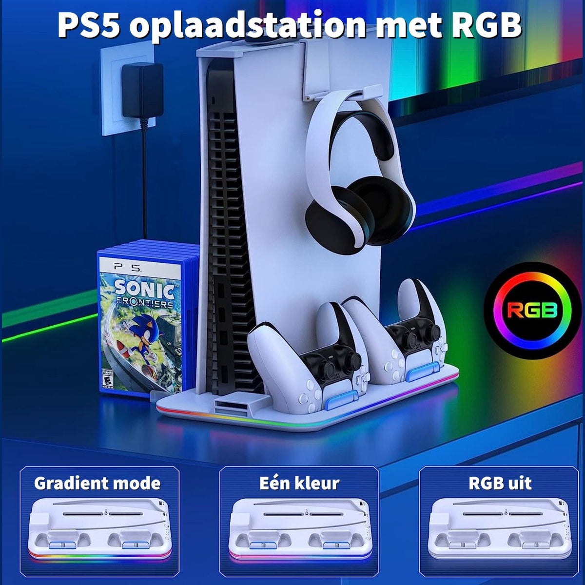 A PS5 charging station with RGB lighting, controllers, headphones, and a game. The station is white and has a colorful light strip.