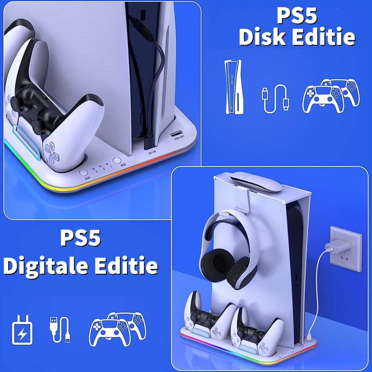 A white PS5 console stand with controllers, headphones, and charging ports. The stand has RGB lighting and is on a blue background.