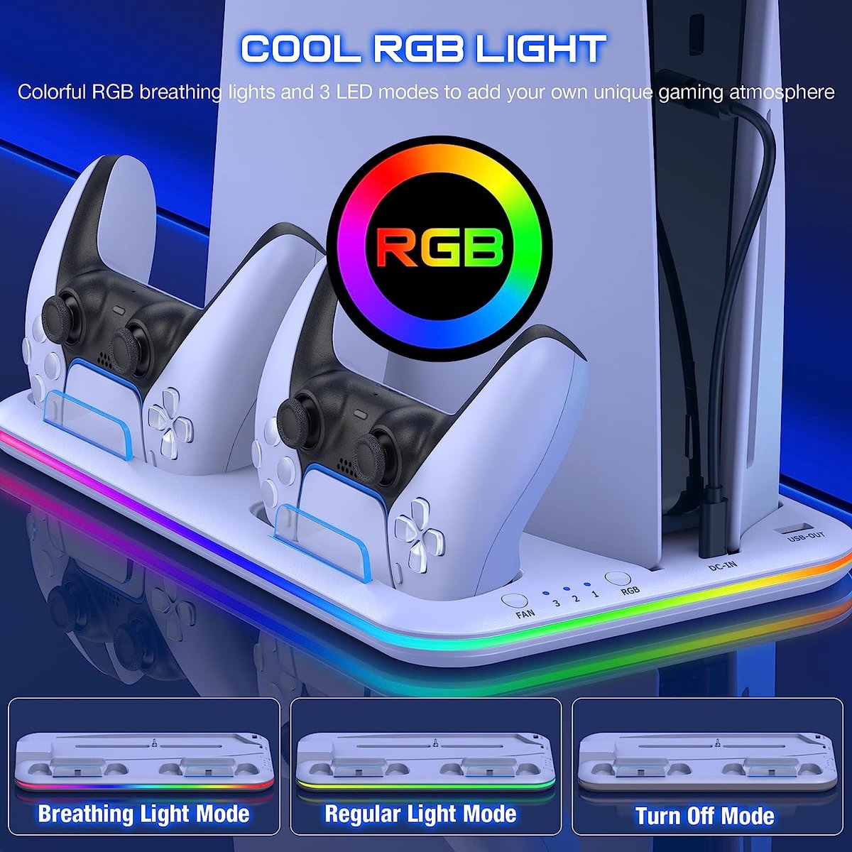 A gaming console charging station with RGB lighting. Two controllers sit in the front. The station has light modes and USB ports.
