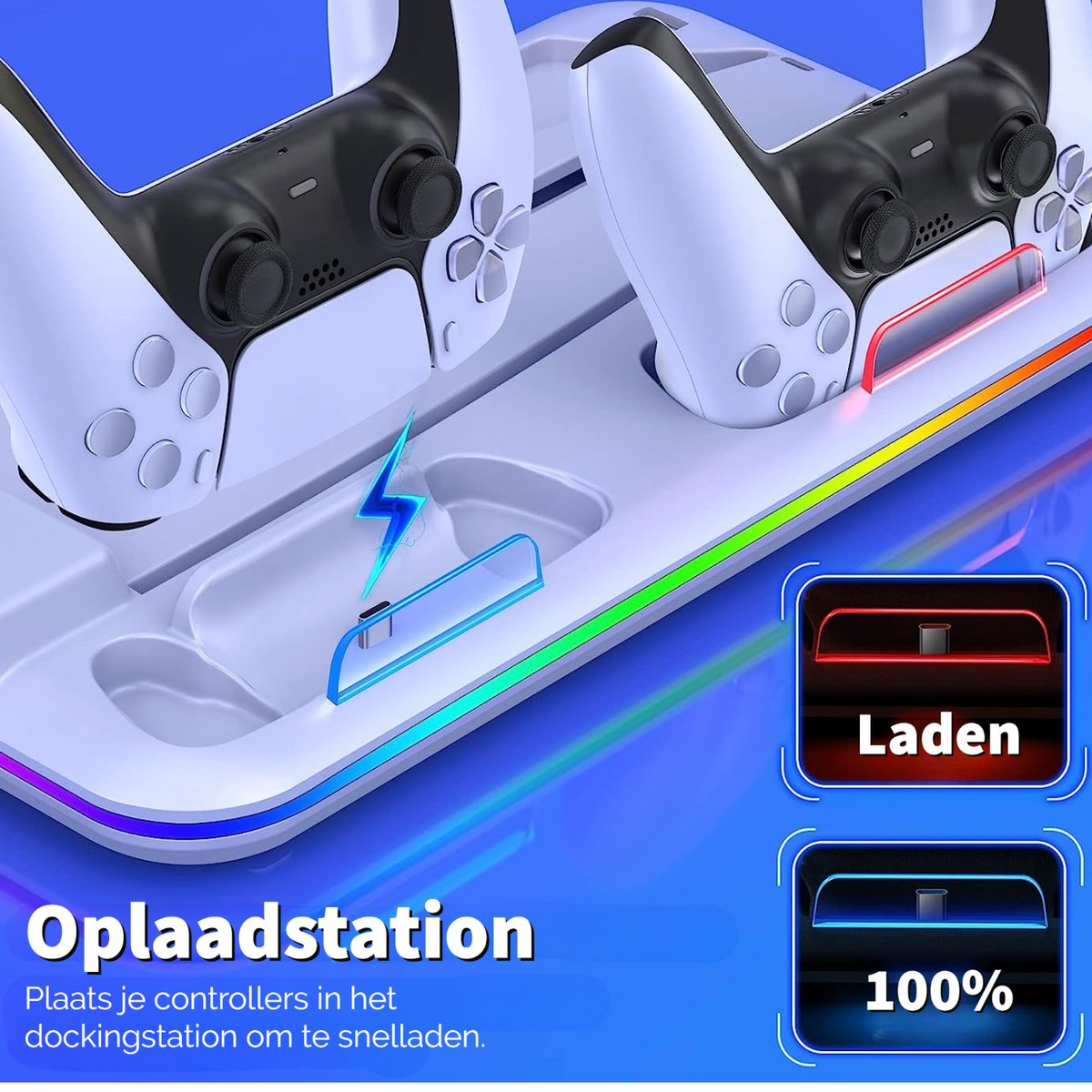 A charging station with two white game controllers. It has a blue and red light indicator, and text that says 'Oplaadstation' and '100%'.