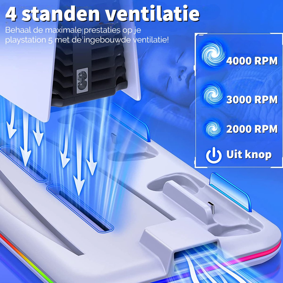 A white Playstation 5 cooling stand with blue light effects. Text shows fan speeds, and a button to turn it off.