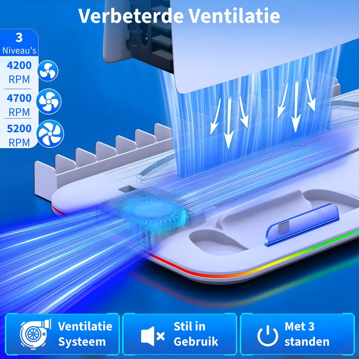 Een wit apparaat toont luchtstroom en ventilatorsnelheden. Tekst zegt 'Verbeterde ventilatie'. Blauwe lichteffecten en pictogrammen voor ventilatie en stil gebruik.