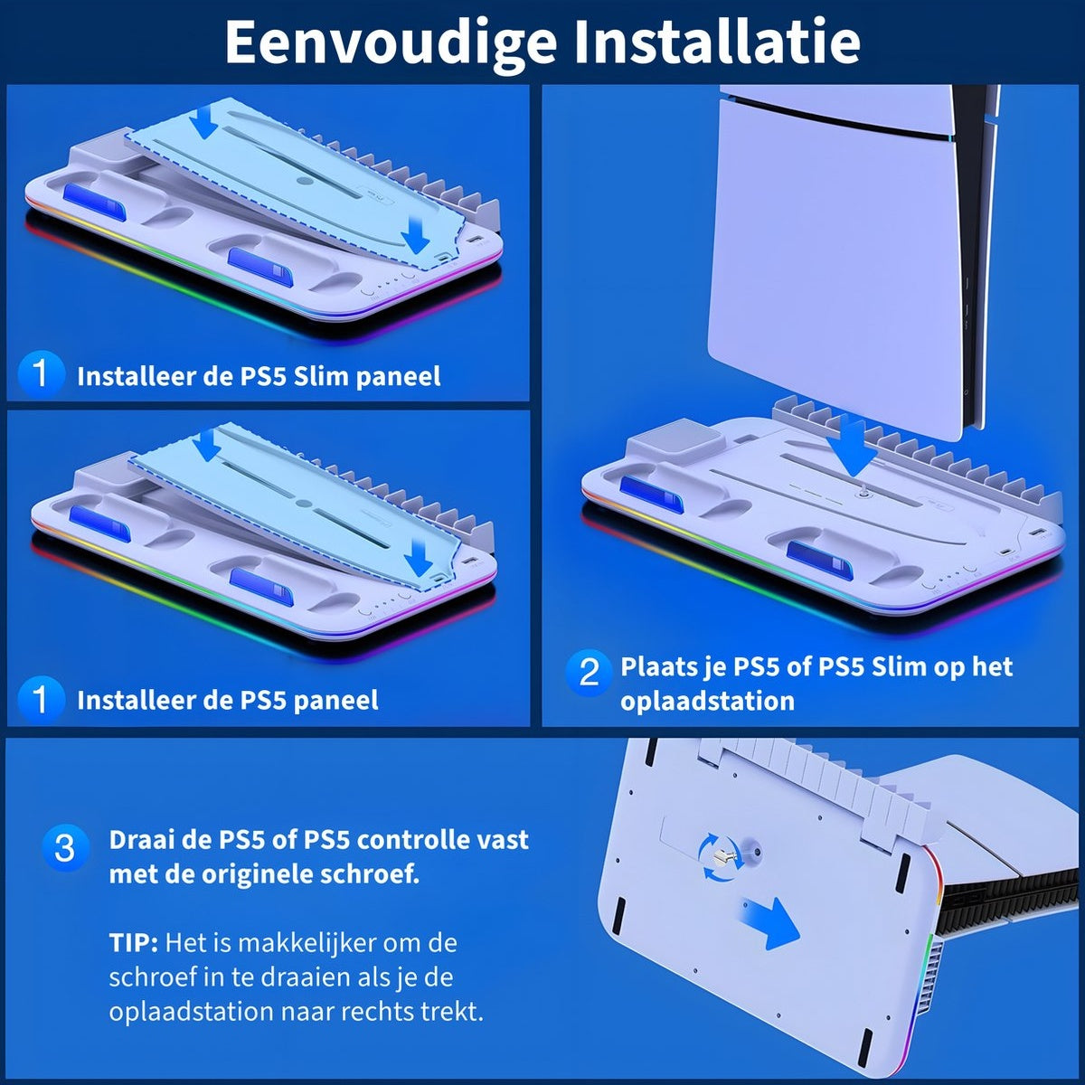Instructies voor het installeren van een PS5 Slim paneel op een oplaadstation. Bevat stappen, illustraties en een tip voor het aandraaien van de schroef.