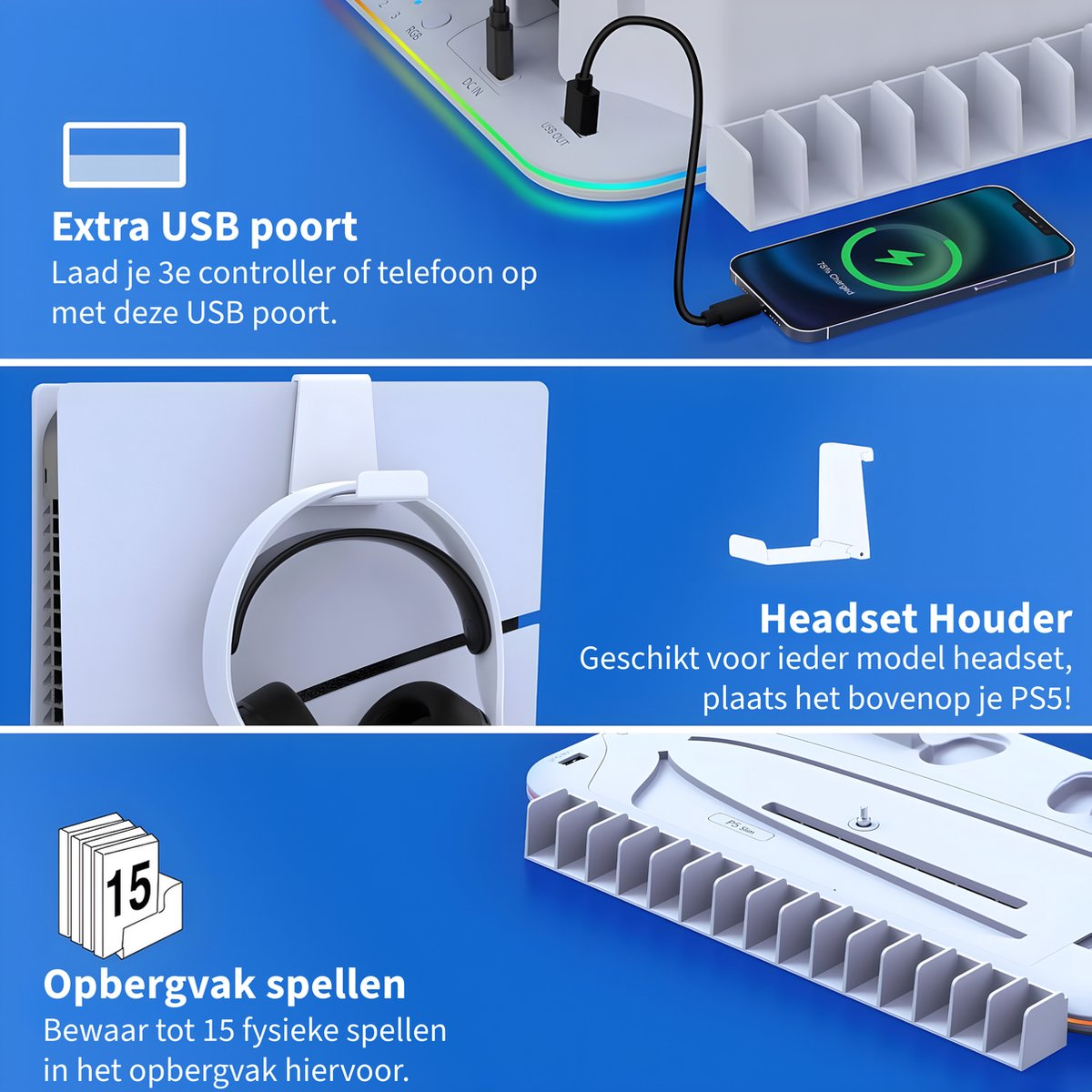 Een advertentie voor een PS5-accessoire. Bevat een telefoonlader, een headsethouder en een spelopslagruimte.