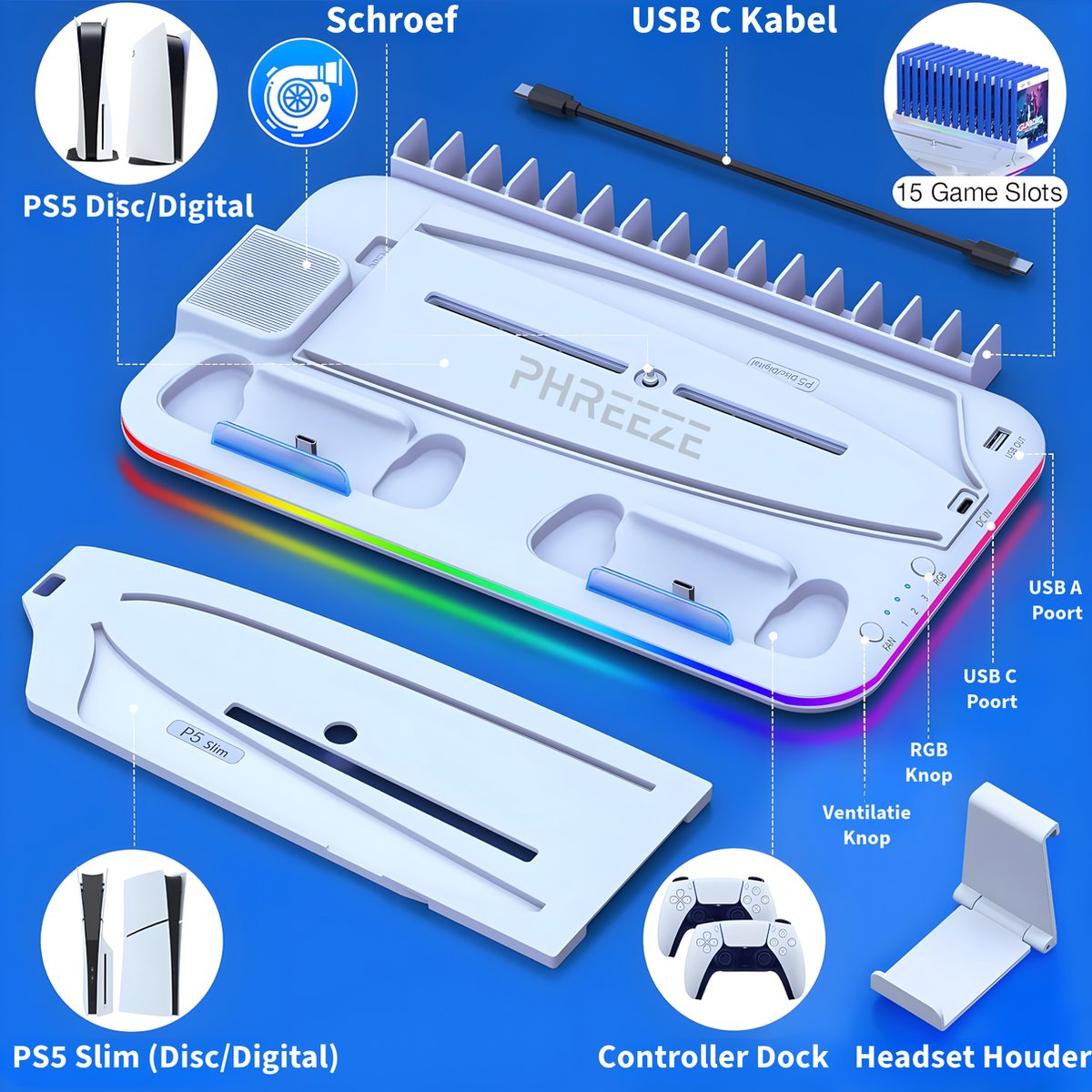Een witte PS5-accessoire met spelsleuven, USB-poorten en controllerdocks. Inclusief een ventilator, RGB-verlichting en een headsethouder.