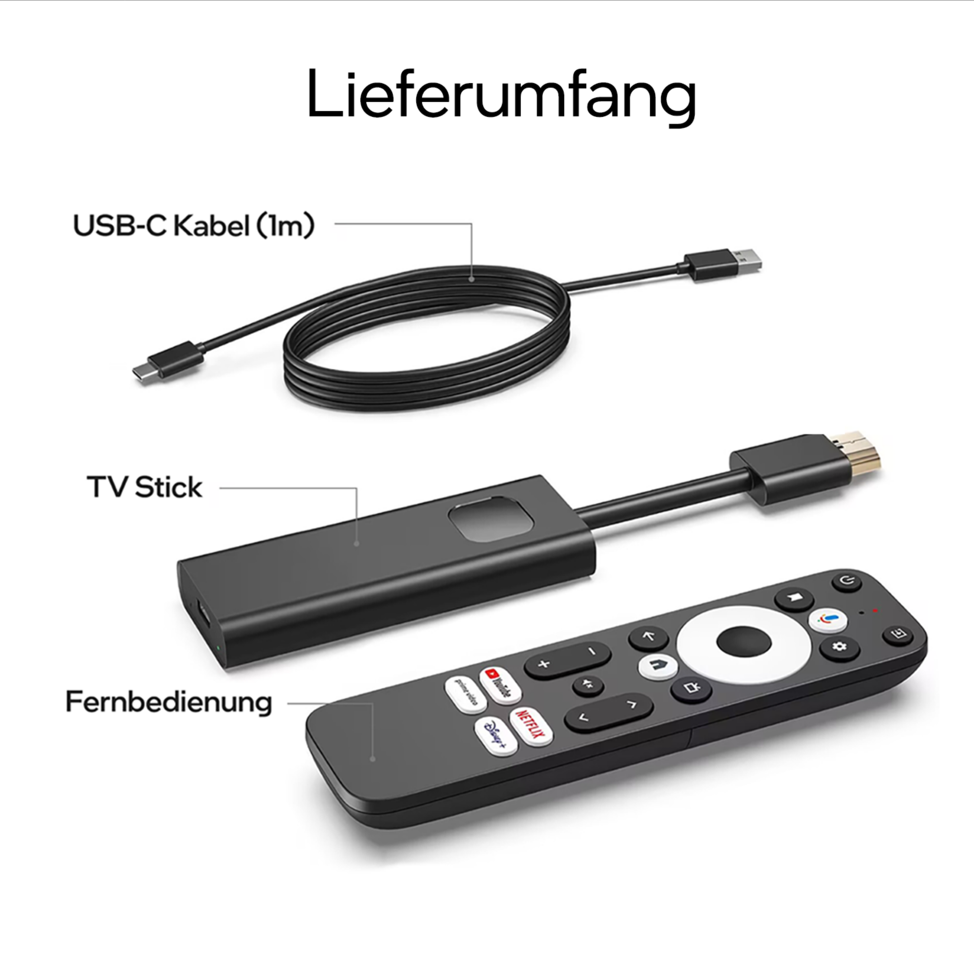 Das Bild zeigt einen TV-Stick, eine Fernbedienung und ein USB-C-Kabel. Alle sind schwarz. Texte beschriften jedes Element auf Deutsch.