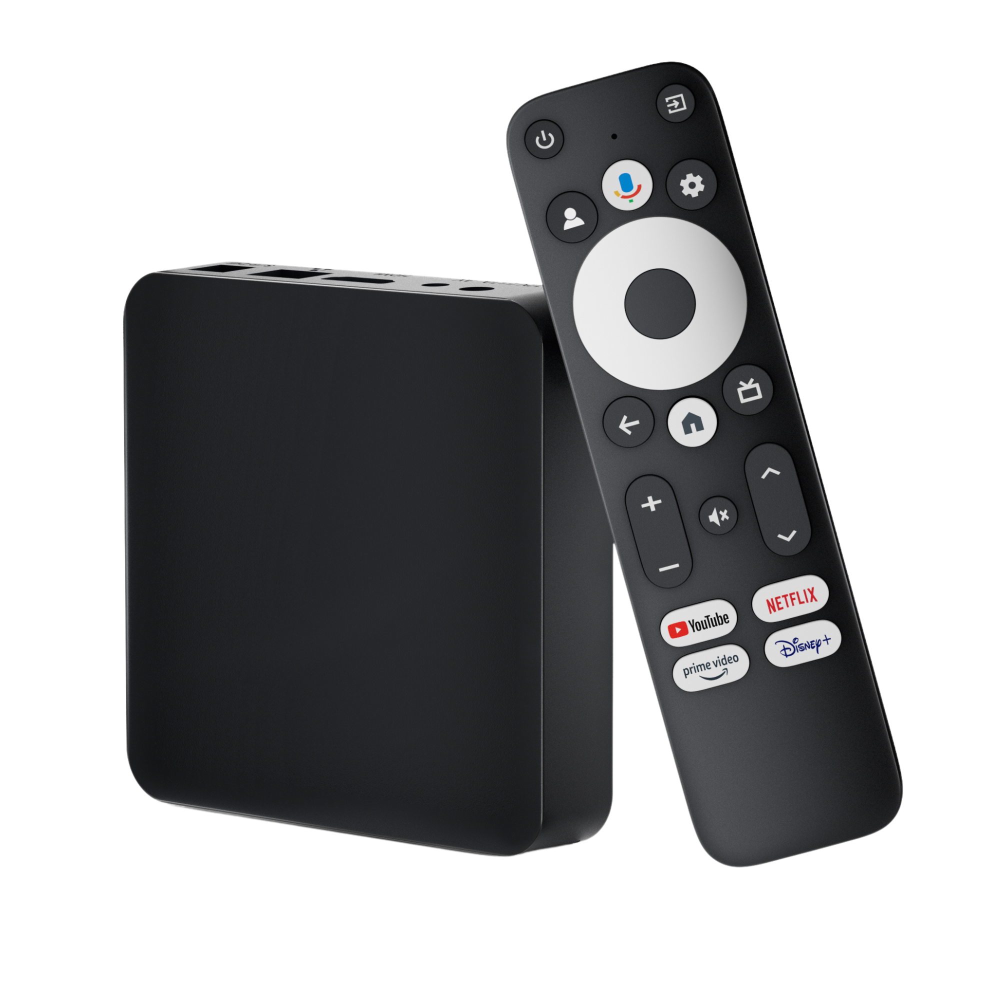 Schwarzer Mediaplayer und Fernbedienung auf weißem Hintergrund. Die Fernbedienung hat Tasten für Strom, Sprache, Navigation und Streaming-Dienste.