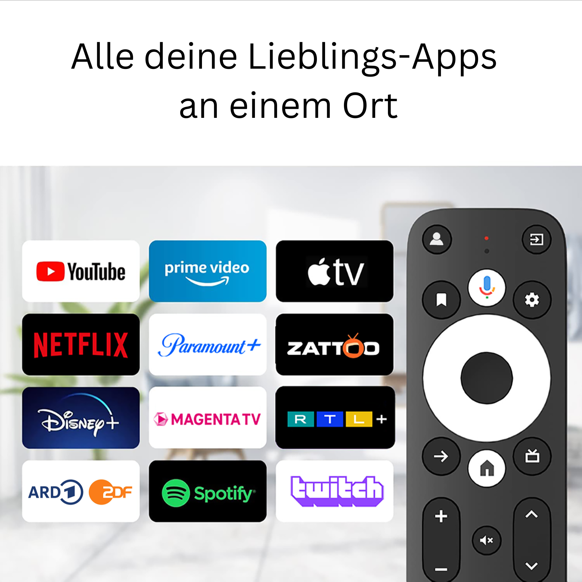 Das Bild zeigt eine Fernbedienung mit App-Symbolen wie YouTube, Netflix und Spotify, sowie Text auf Deutsch.