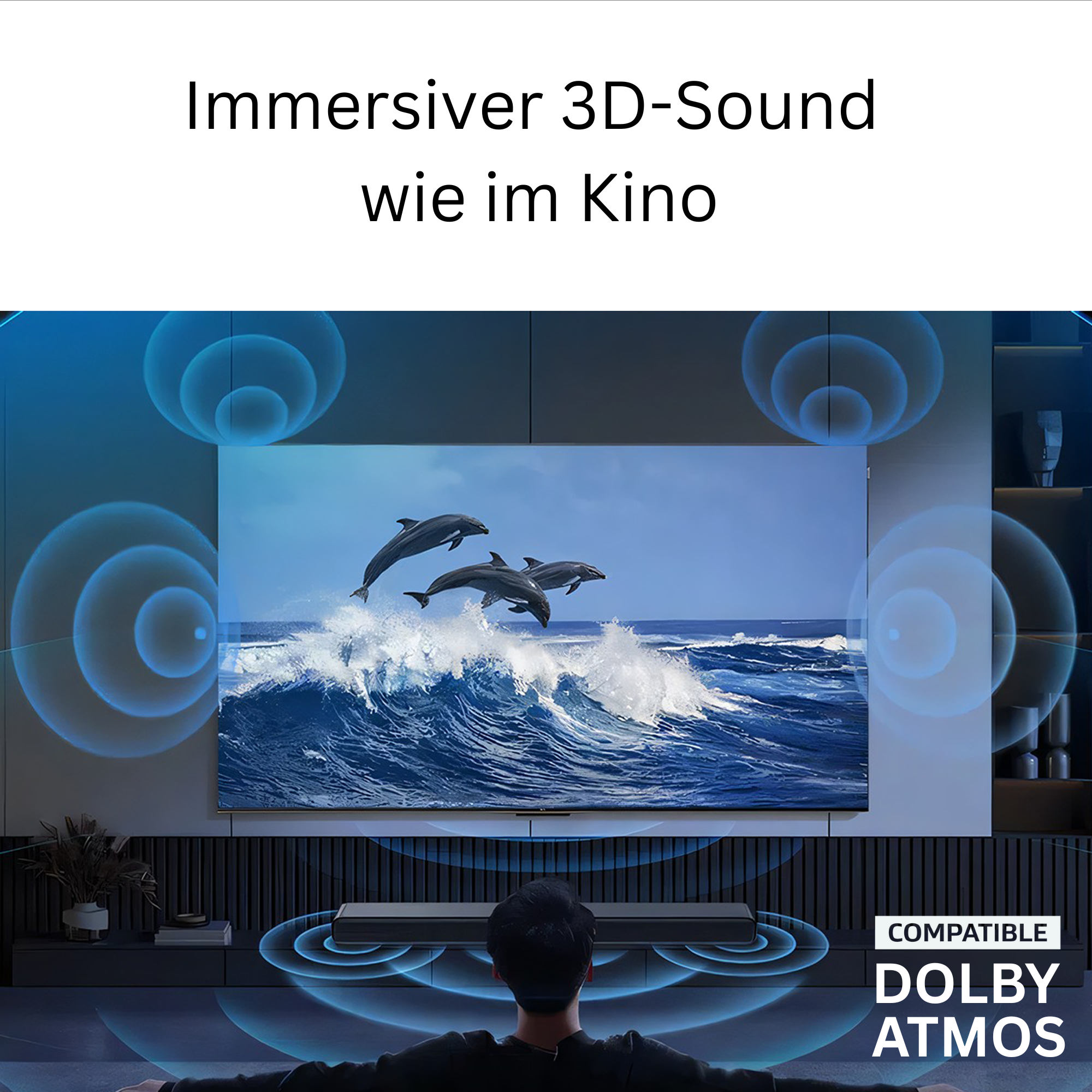 Ein Fernseher zeigt springende Delfine. Schallwellen umgeben den Bildschirm. Eine Person ist im Vordergrund.