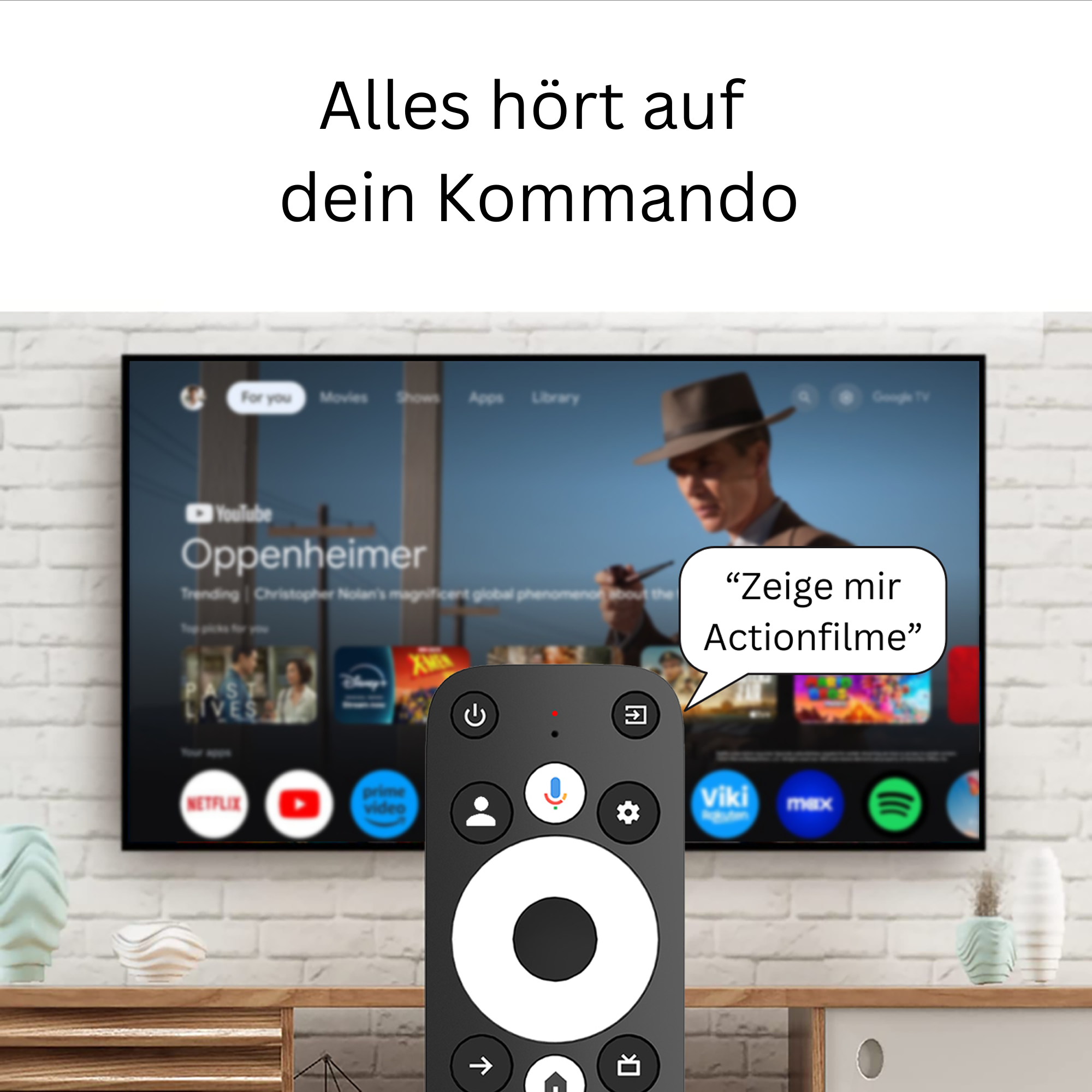 Ein Fernsehbildschirm zeigt Filme. Eine Fernbedienung im Vordergrund. Text sagt 'Zeige mir Actionfilme'.