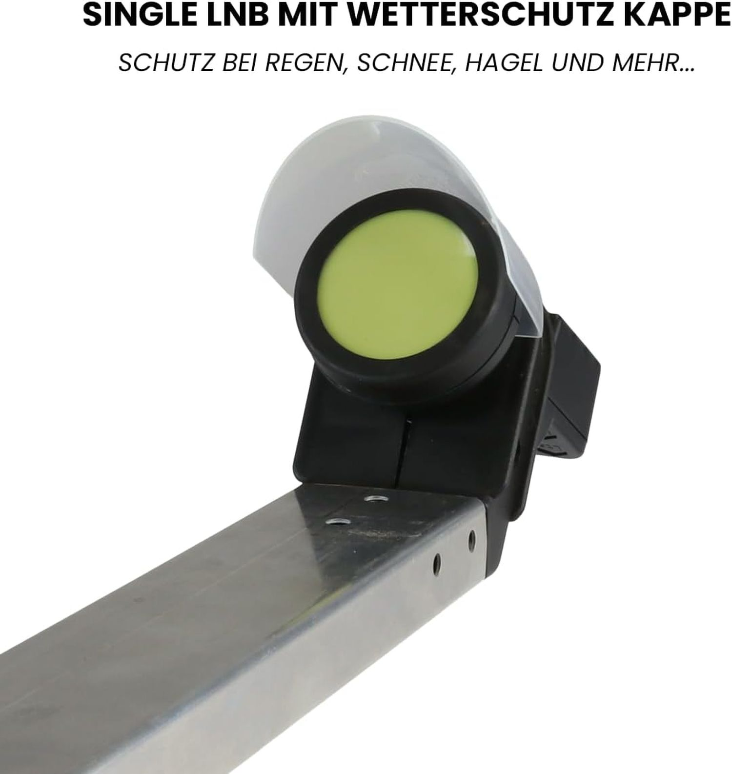 Ein LNB mit Schutzhülle, mit einem grünen Kreis und einem silbernen Metallarm, vor weißem Hintergrund.