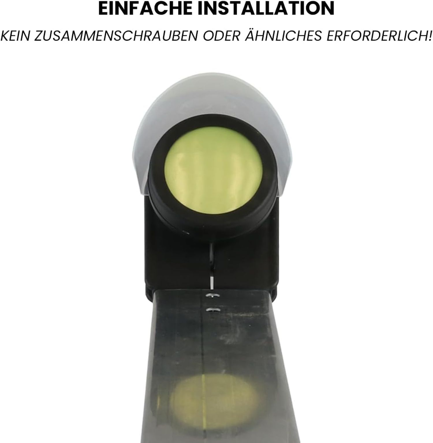 Nahaufnahme eines Geräts mit hellgrüner Mitte. Das Gerät ist schwarz und grau, mit Text oben 'Einfache Installation'.