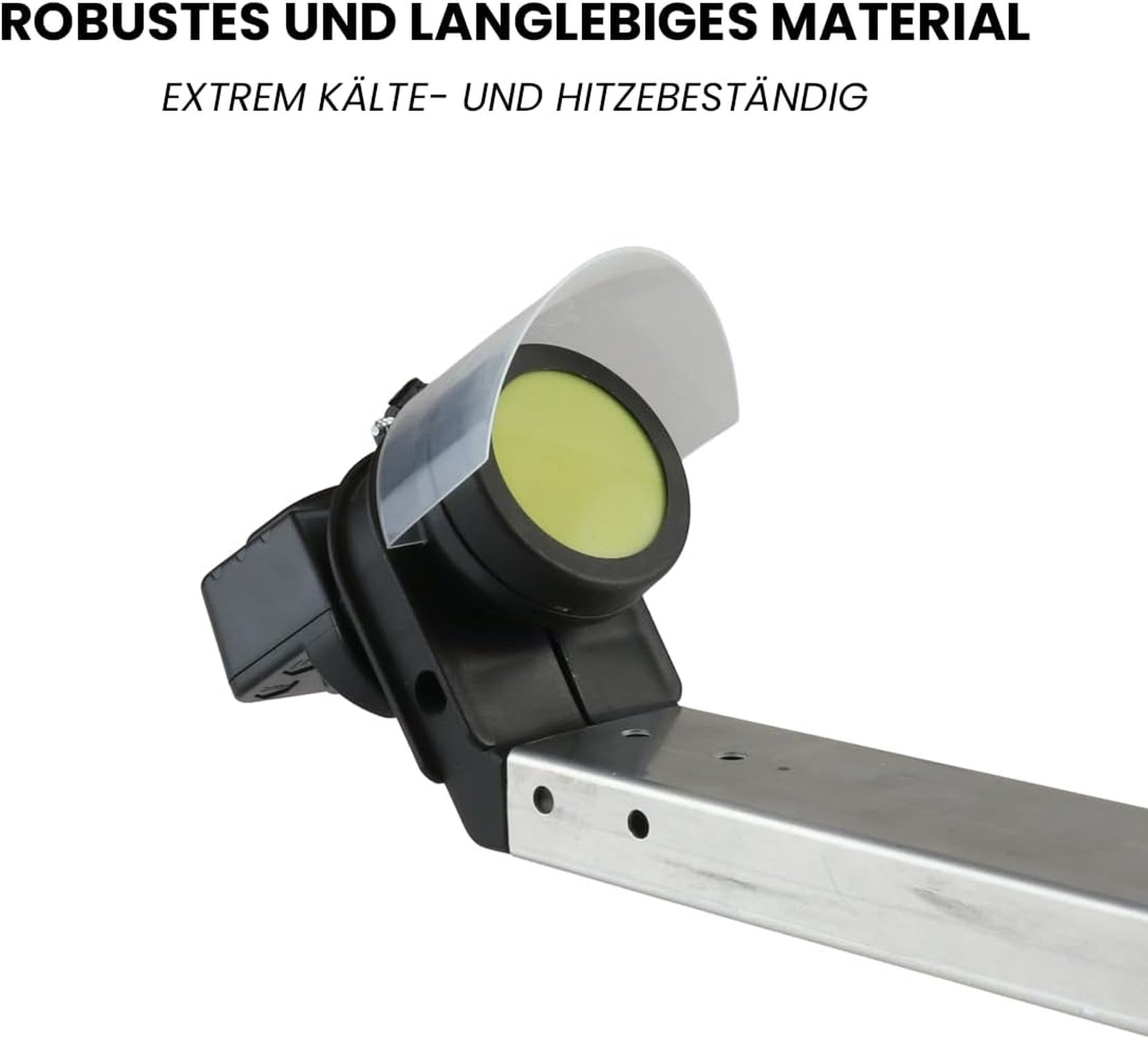 Nahaufnahme eines Geräts mit grünem Licht, schwarzen und silbernen Komponenten und einem durchsichtigen Schild. Text oben: 'Robustes und langlebiges Material'.
