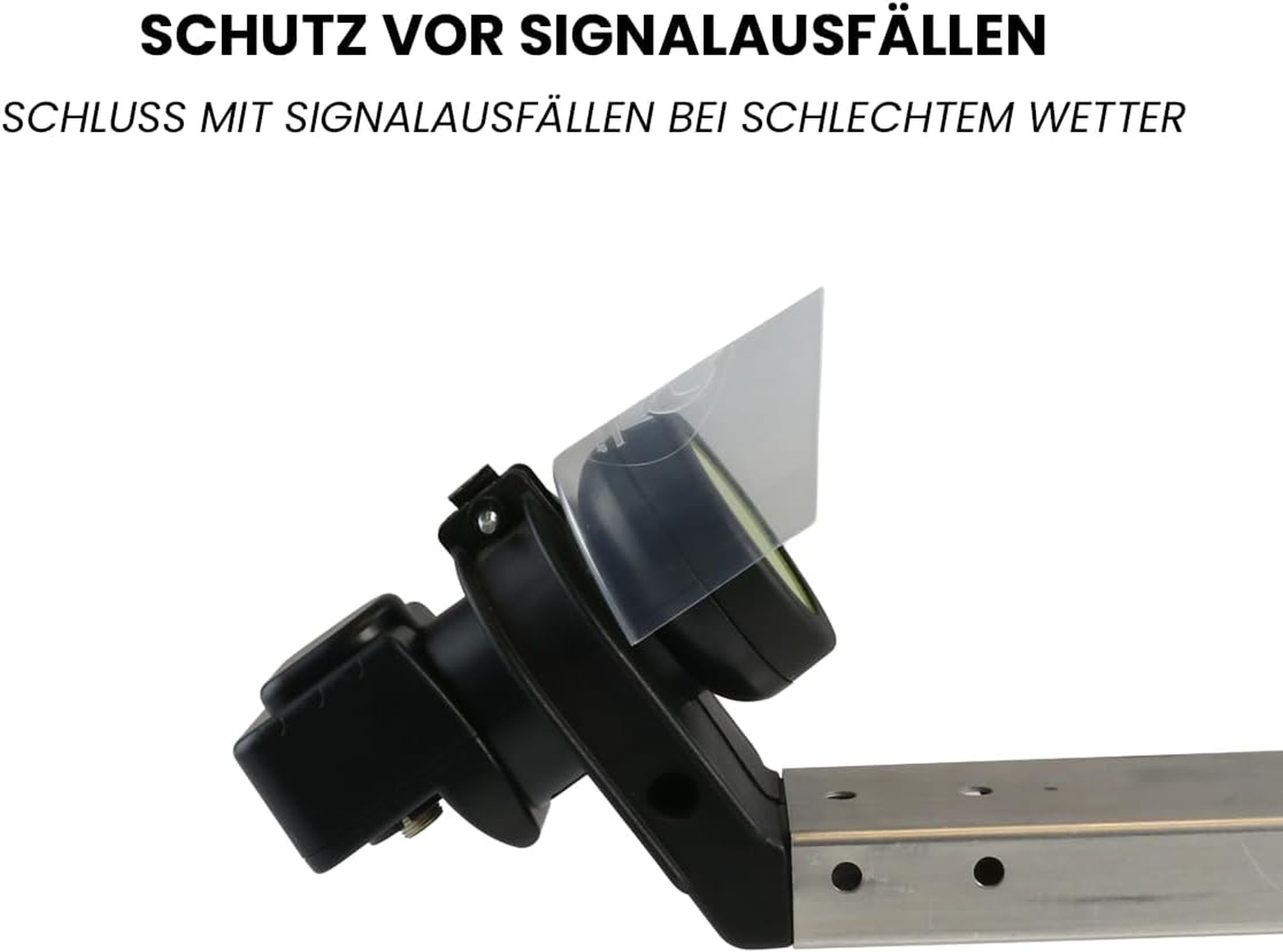 Schwarzer Satellitenempfänger mit transparenter Abdeckung, befestigt an einem silbernen Metallstab. Weißer Hintergrund.