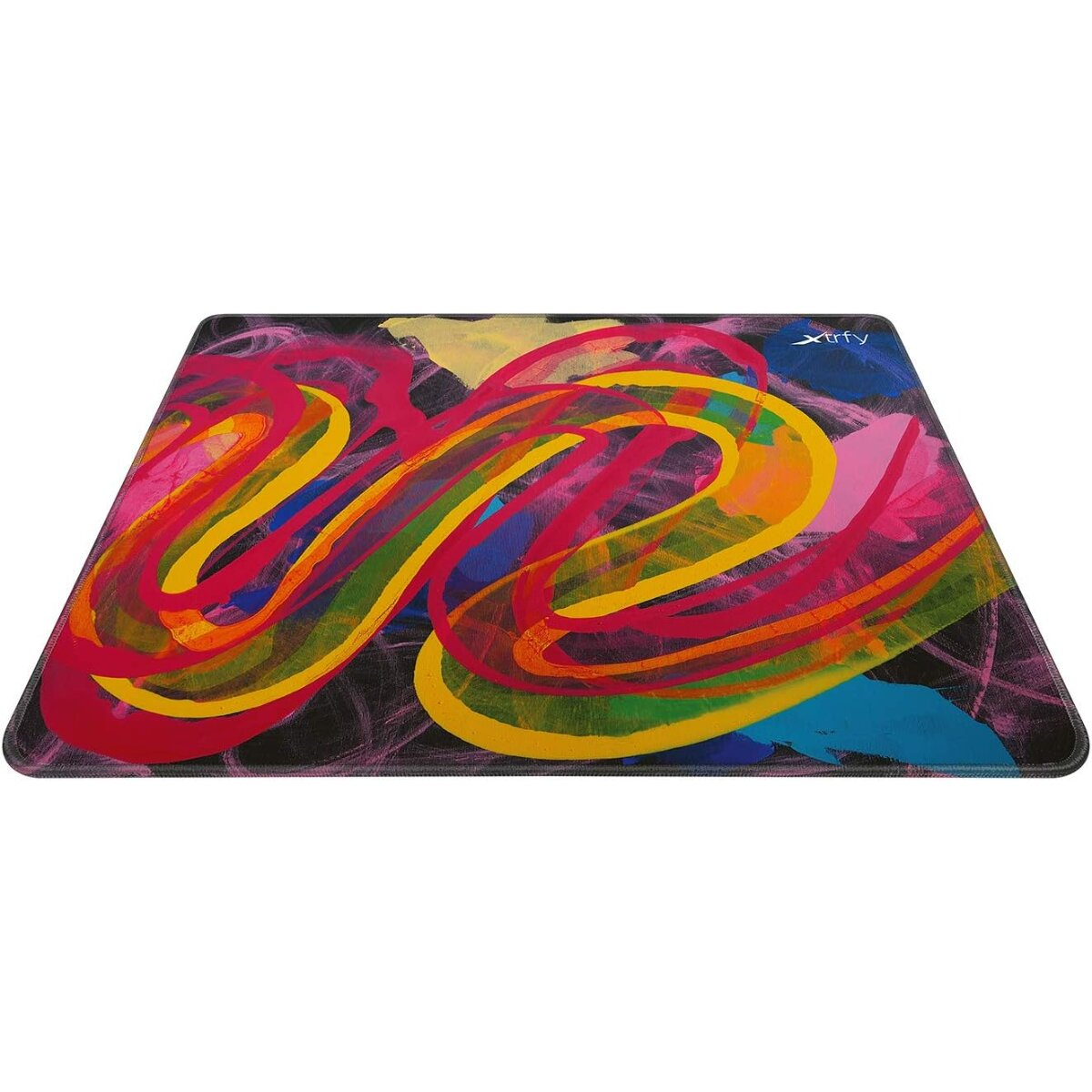 Un tapis de souris rectangulaire avec une base noire, recouvert d'art abstrait coloré, avec des lignes rouges, jaunes et bleues.
