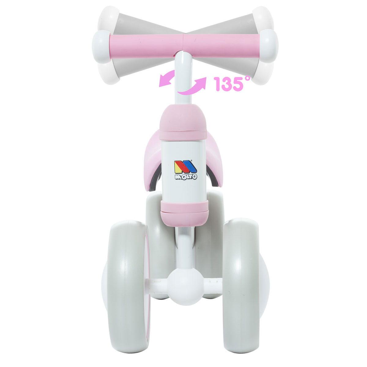 Un triciclo rosa y gris para niños. El manillar es rosa y las ruedas grises. La marca es Molto.