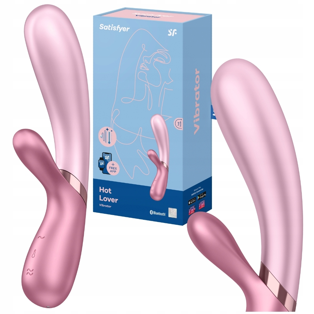Obraz przedstawia różowe wibratory, pudełko z rysunkiem, tekstem 'Hot Lover Vibrator' i marką Satisfyer.