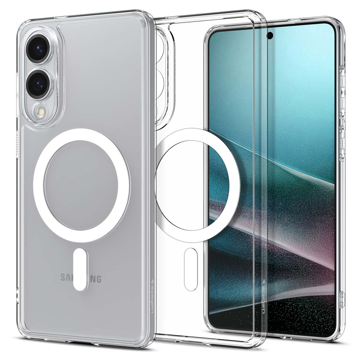 Transparante telefoonhoes met een wit cirkelvormig magneetontwerp. Het Samsung-logo is zichtbaar. Het scherm heeft een blauwe gradiënt.