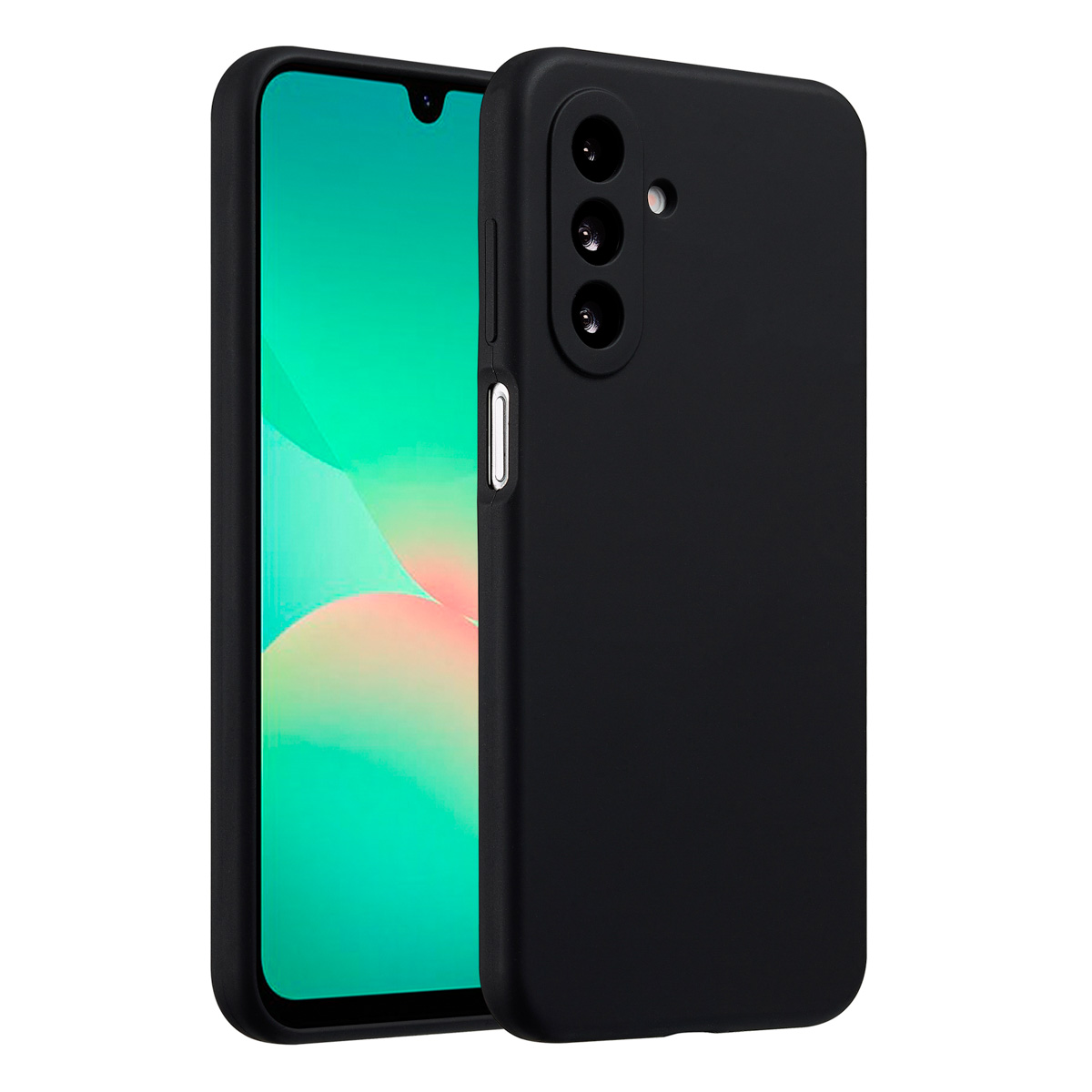 Une coque de smartphone noire avec le téléphone à l'intérieur. L'écran du téléphone affiche un design abstrait vert et rose.