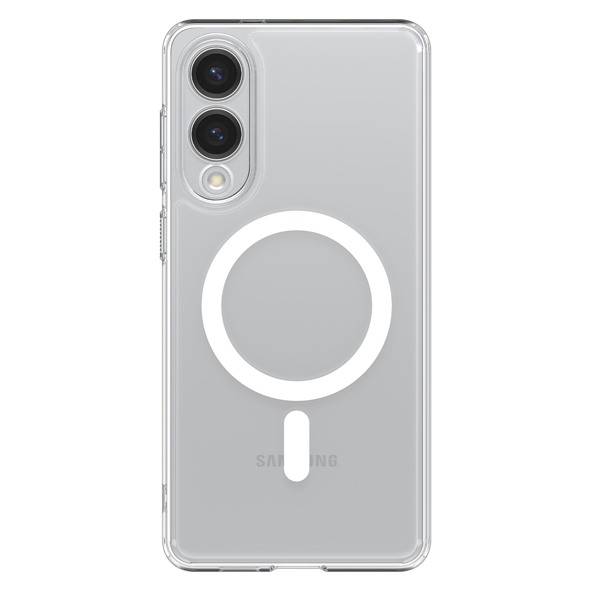 Transparante telefoonhoes. Met camera-uitsparingen, wit cirkel- en lijndesign. Samsung-logo zichtbaar.