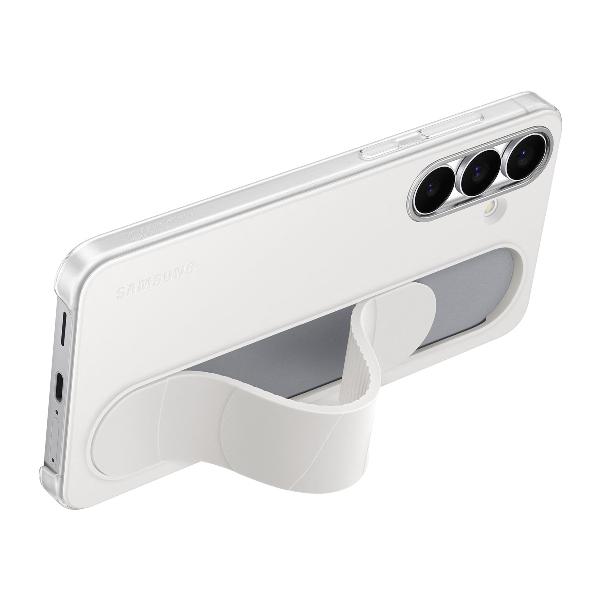 Eine weiße Samsung-Handyhülle mit integriertem Ständer. Die Hülle hat einen transparenten Rand und drei Kameralinsen.