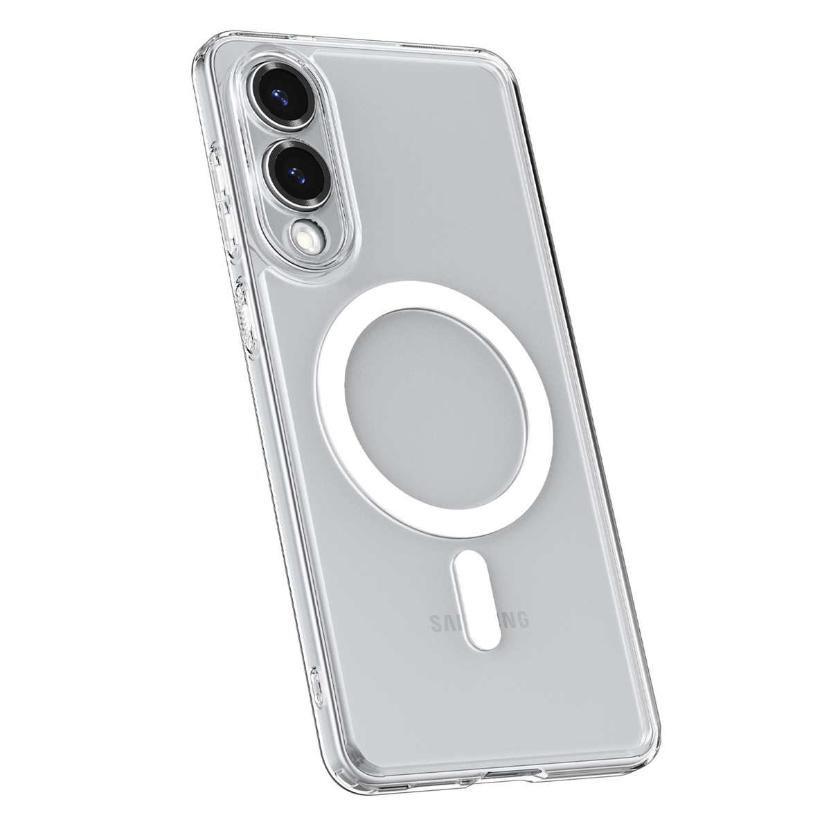Transparante telefoonhoes met een witte ring en een cameramodule. Op de hoes staat het woord 'SAMSUNG'.