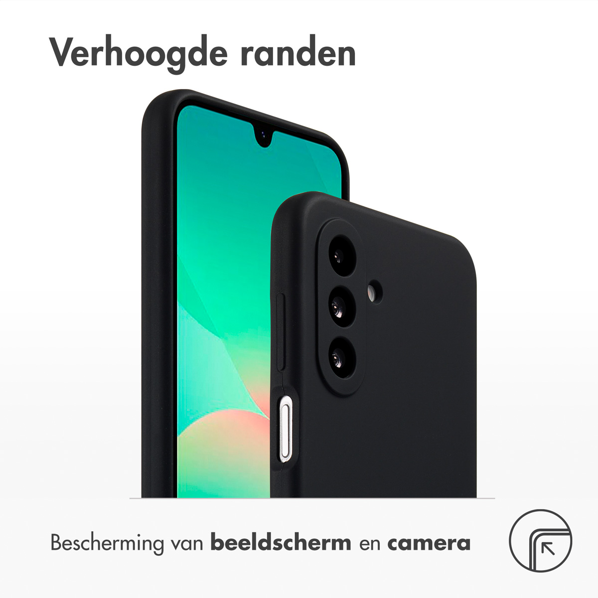 Deux coques de smartphone noires sur fond blanc. Un téléphone affiche l'écran. Texte : Bords surélevés, Protection d'écran et caméra.