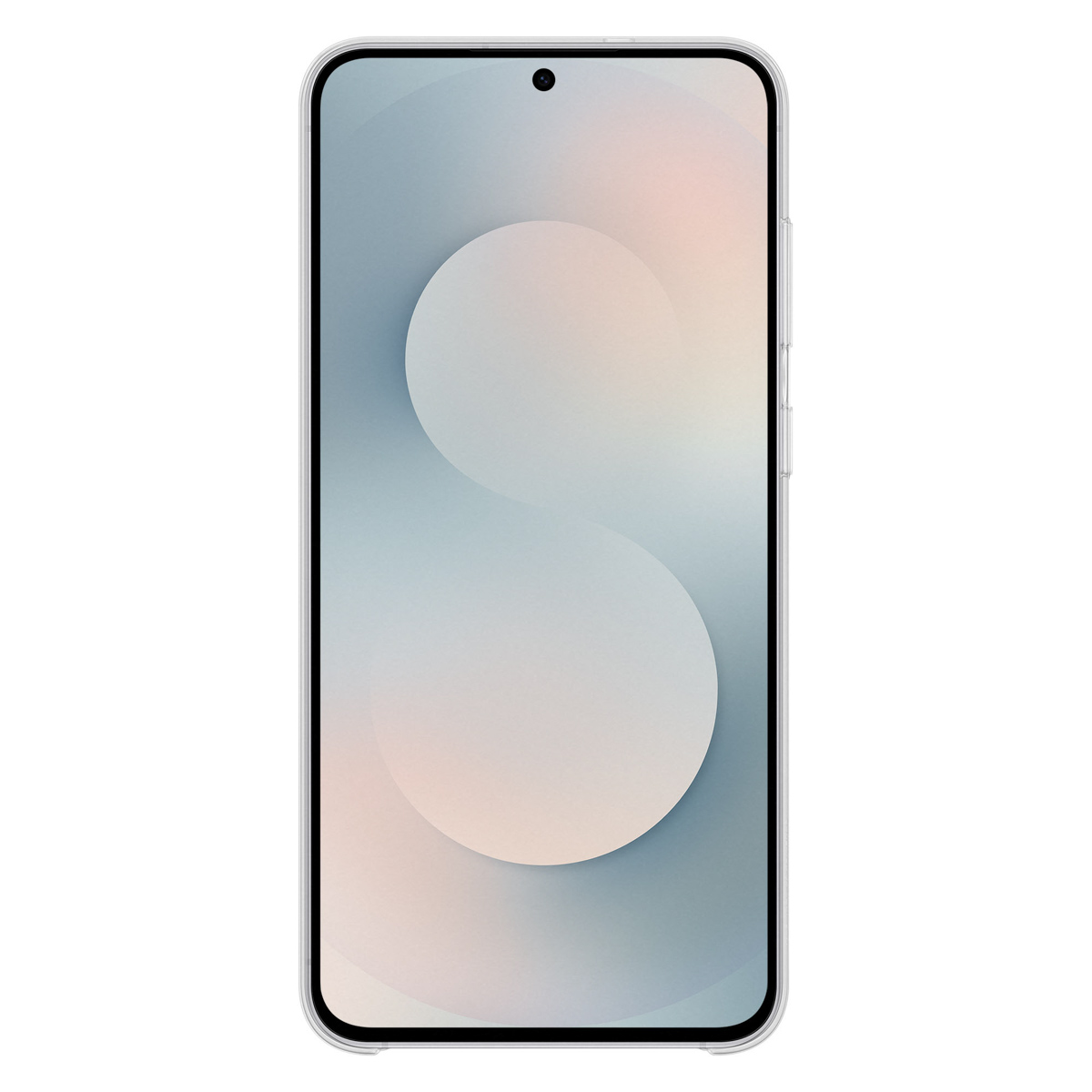 Ein Smartphone mit transparenter Hülle. Der Bildschirm zeigt einen Gradienten aus weißen, rosa und blauen Kreisen auf hellem Hintergrund.