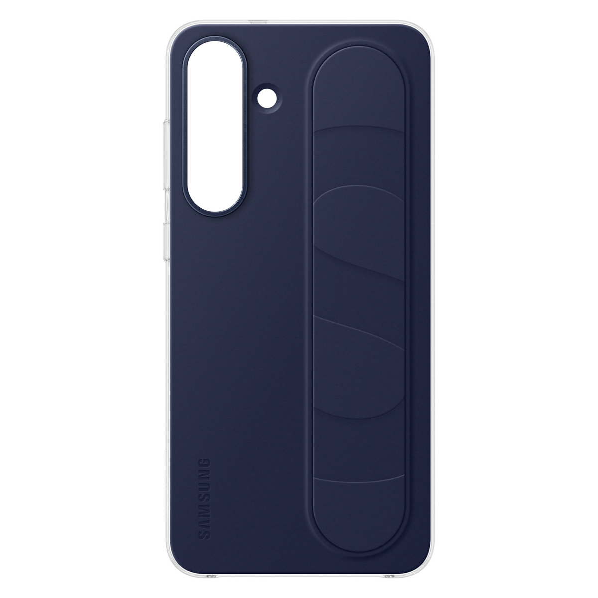 Eine marineblaue Handyhülle mit klarem Rand. Verfügt über einen Kameraausschnitt, einen kleinen weißen Punkt und einen Griff an der Seite. Das Samsung-Logo ist sichtbar.