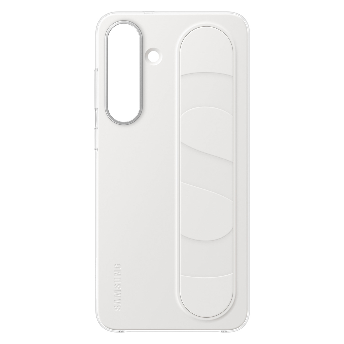 Eine weiße Handyhülle mit Kameraausschnitt und erhöhtem Griffbereich. Das Samsung-Logo ist sichtbar.