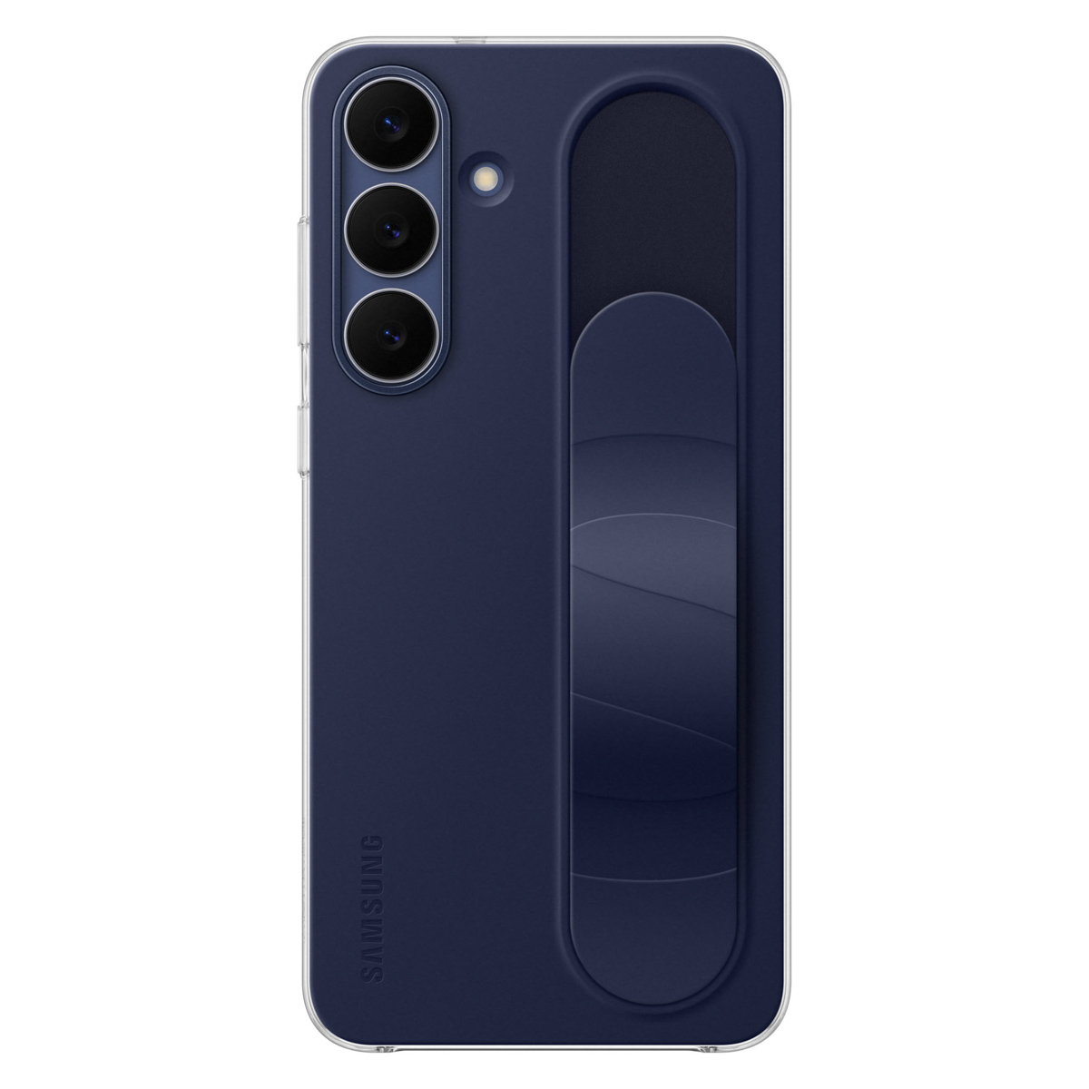 Eine dunkelblaue Samsung-Handyhülle mit klarem Rand. Sie hat eine Kameraanordnung oben links und eine Handschlaufe rechts.