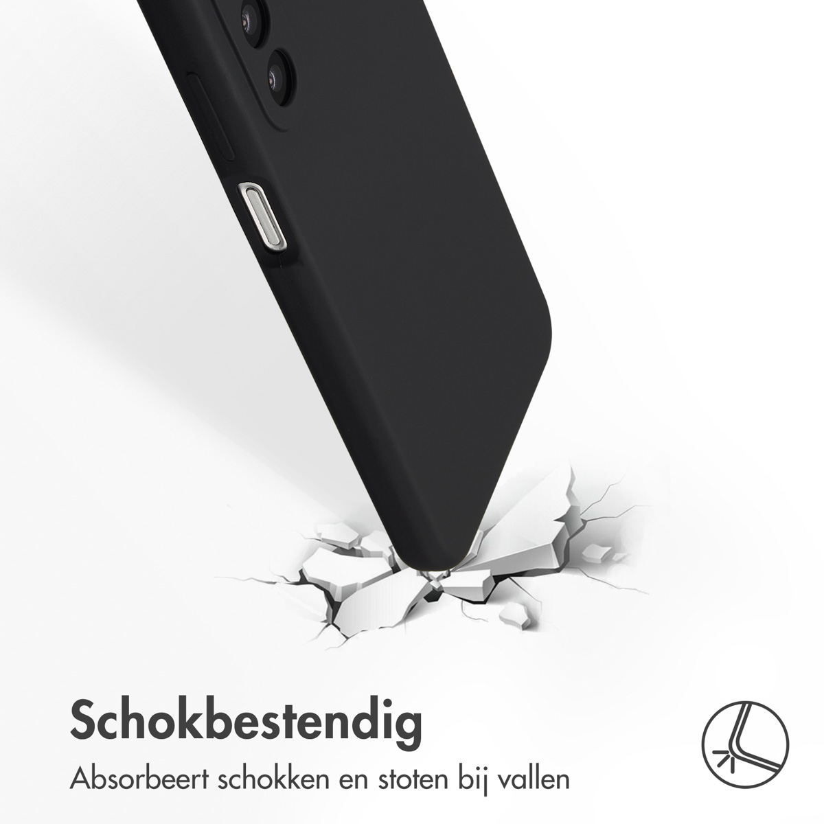 Un étui de téléphone noir semble tomber, fissurant le sol. L'étui a des boutons et une caméra.