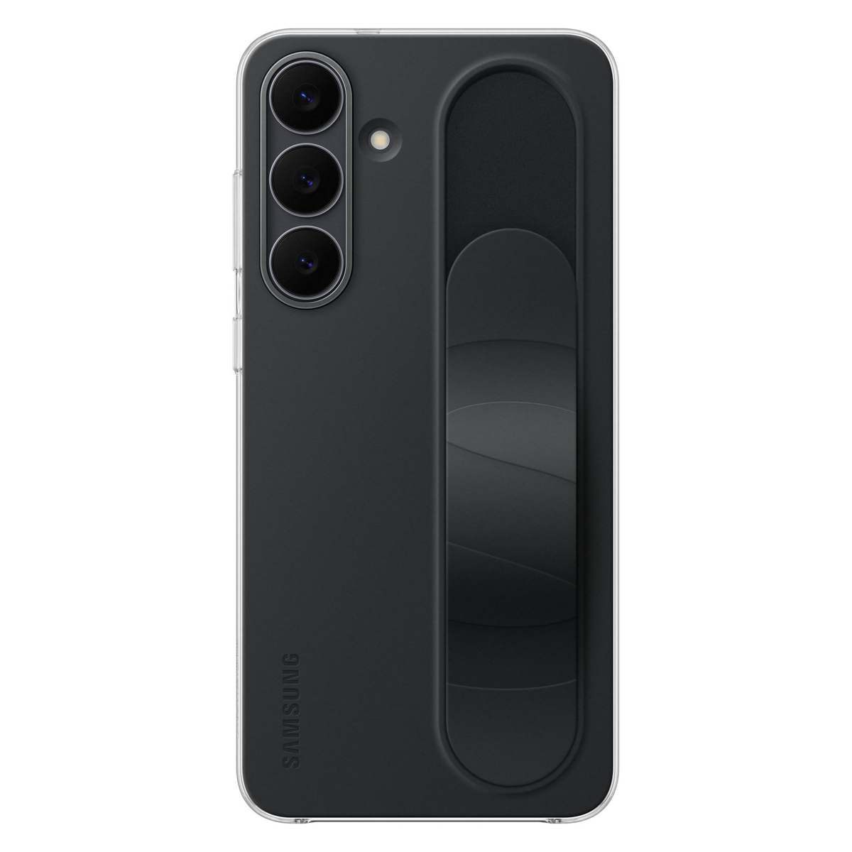 Czarne etui na telefon Samsung z trzema obiektywami aparatu i uchwytem z tyłu. Etui jest przezroczyste na krawędziach.
